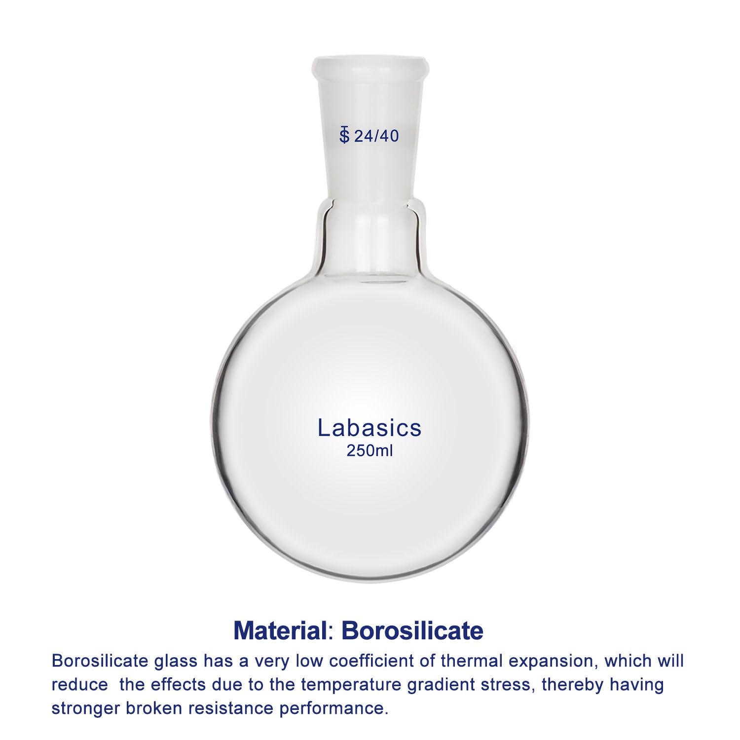 Labasics Glass Round Bottom Flask, Borosilicate Glass Heavy Wall Short Neck Round Bottom Single Neck Flask with 24/40 Standard Taper Outer Joint, 250 ml — Amazon image 3