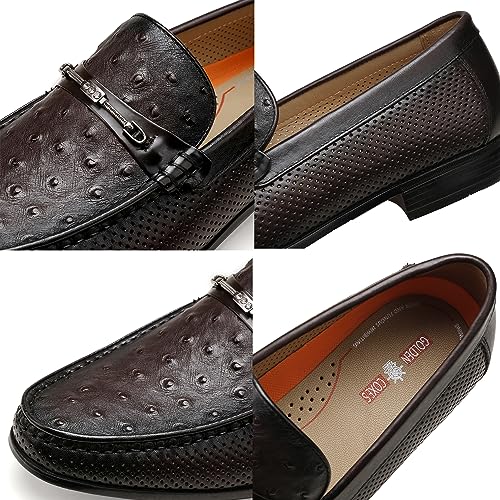 Black Men's Leather Dress Shoes, Casual Ostrich Print Slip on Loafer Moc Toe Metal Buckle Penny Formal Shoes for Mens3