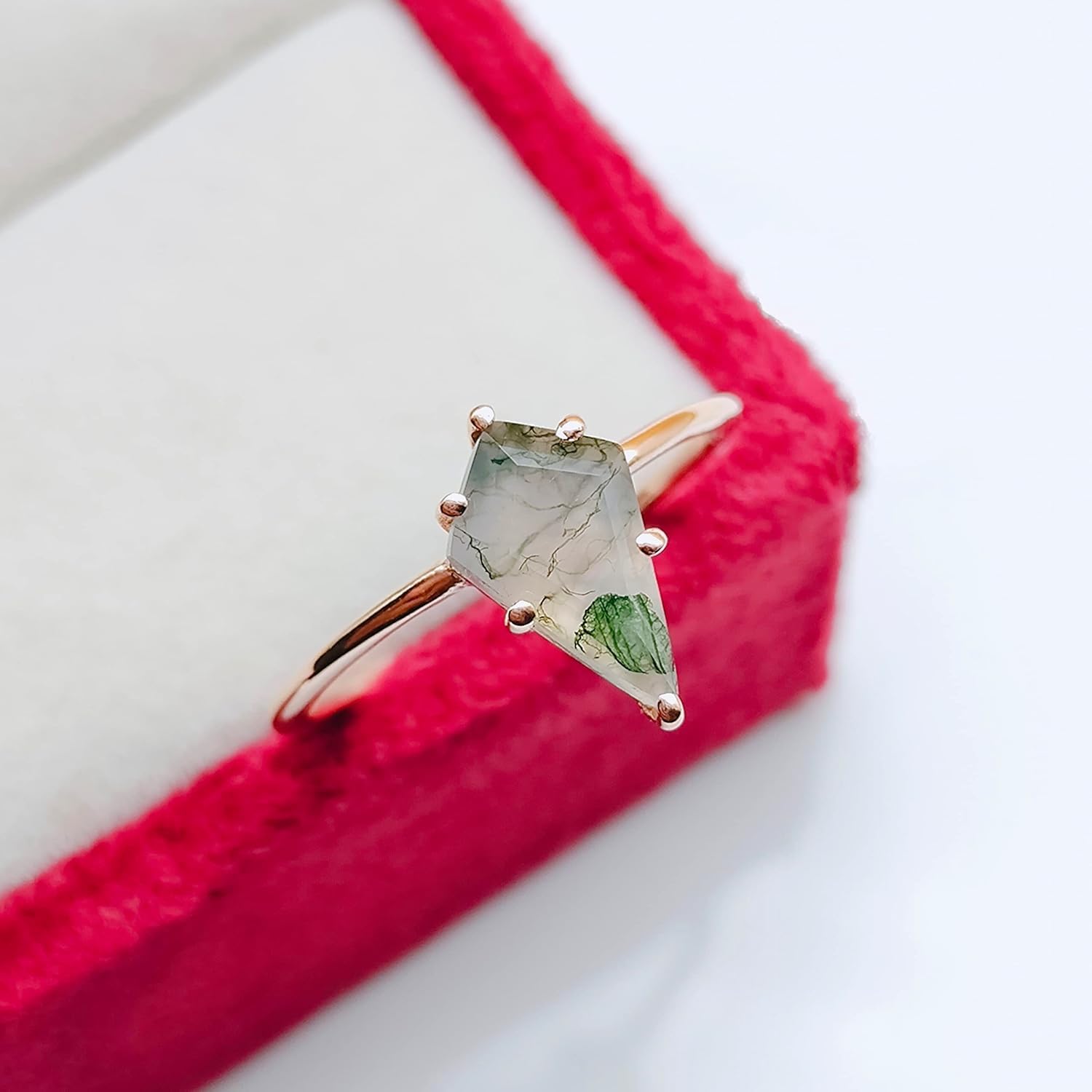 Delicate Natural Moss Agate Ring Kite Shaped Rose Gold Plated Ring Silver Ring Delicate Ring Stacking Ring Promise Anniversary Ring for Women Christmas