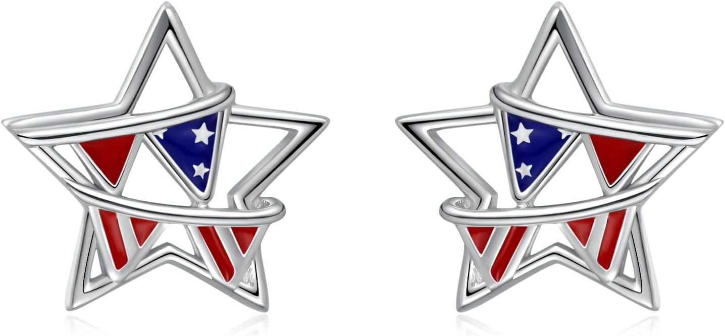 Patriotic Star Stud Earrings for Women 925 Sterling Silver-American Flag Earrings USA Pride Jewelry-4th of July Independence Day Earrings