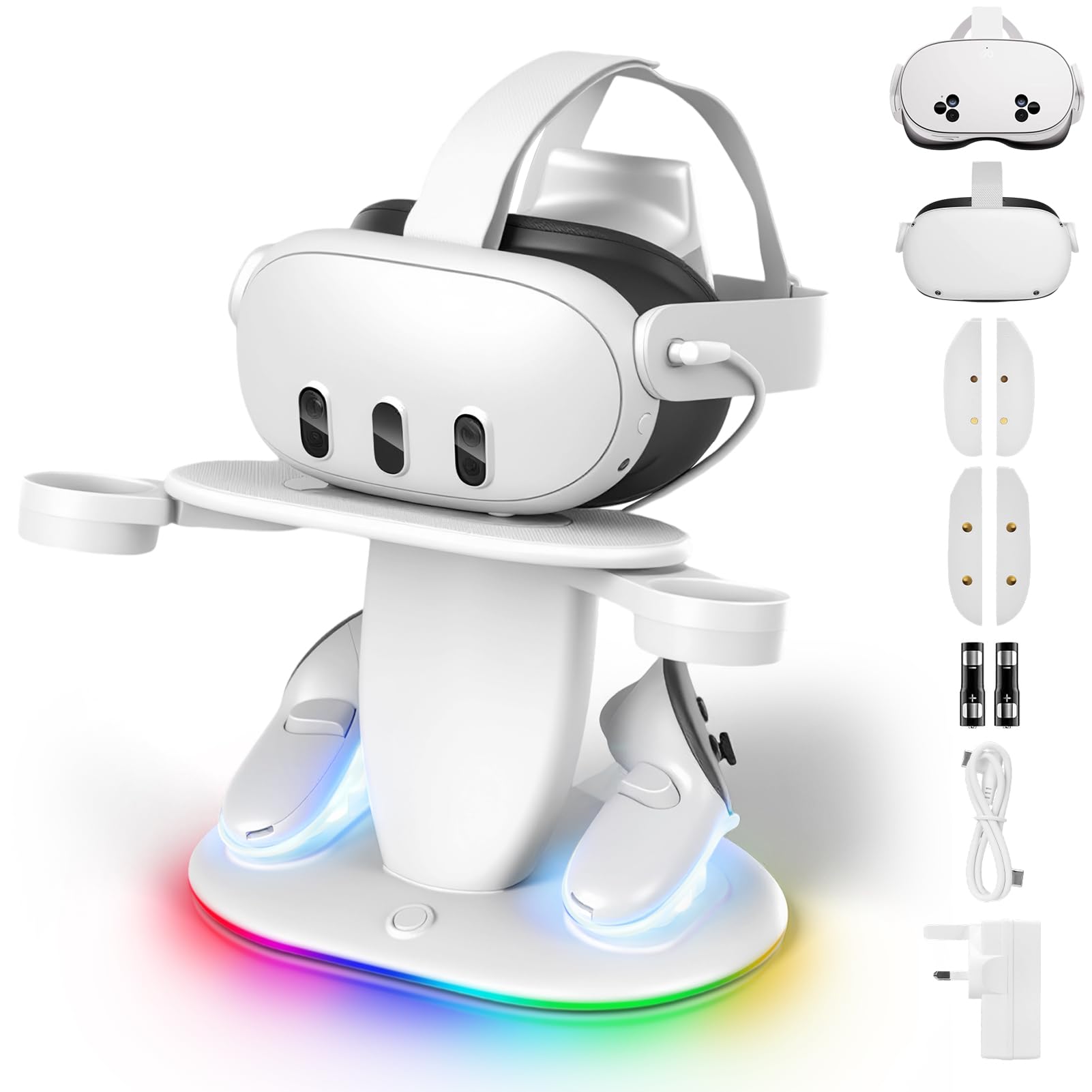 Base de carga para Meta Quest 2 3 3S estación de carga magnética para auriculares y controladores de realidad virtual Oculus Quest 2/3/3S, soporte de accesorios con RGB y 2 baterías recargables de