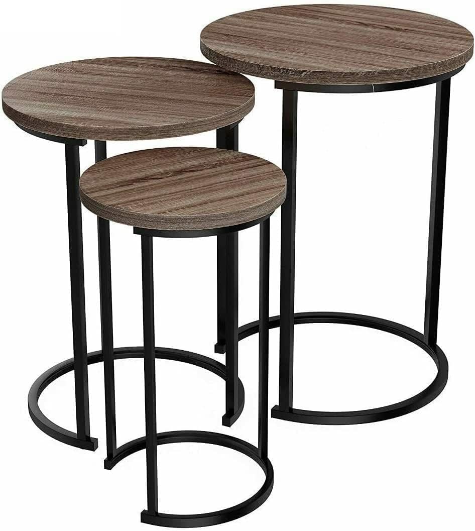 FEFE Set of 3 Round Vintage Wooden/Steel Nesting Side Coffee Tables Stacking Sofa Side, Space Saving Tea Table for Hallway Living Room Bedroom Office Black Marble Look (rustic brown)