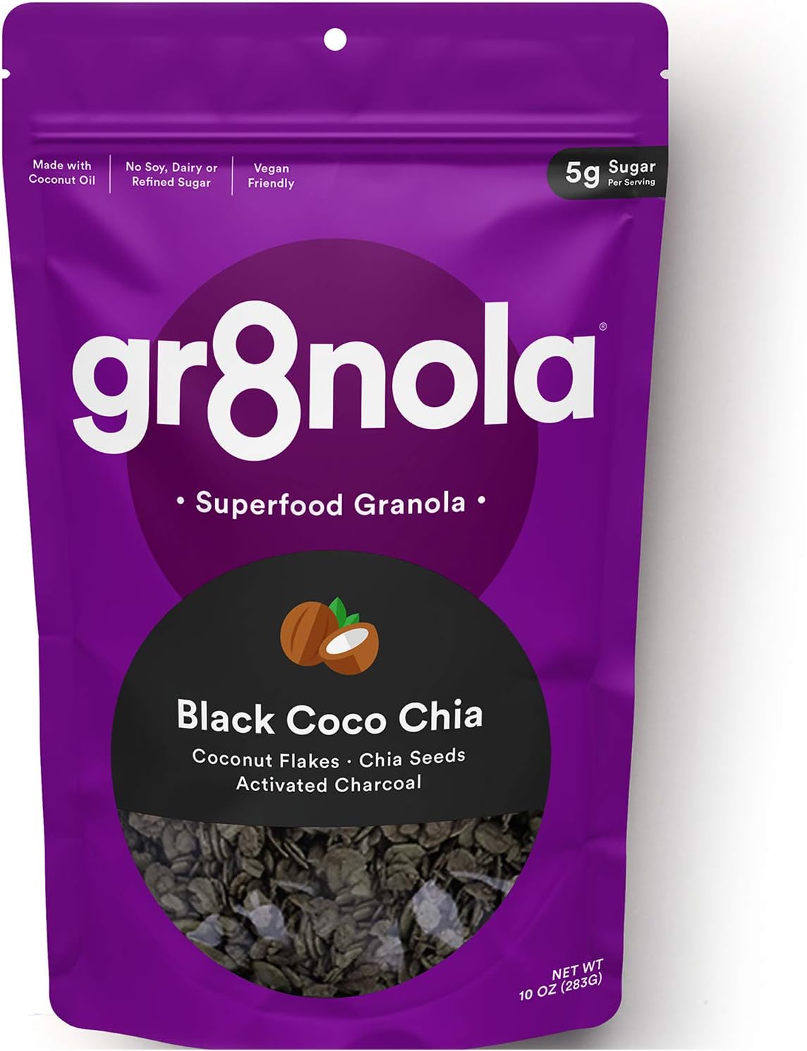gr8nola BLACK COCO (CHARCOAL) CHIA - Healthy, Low Sugar, Vegan Granola Cereal - Made with Superfoods Chia Seeds and Activated Charcoal, Soy Free, Dairy Free and No Refined Sugar - 10oz Resealable Bag
