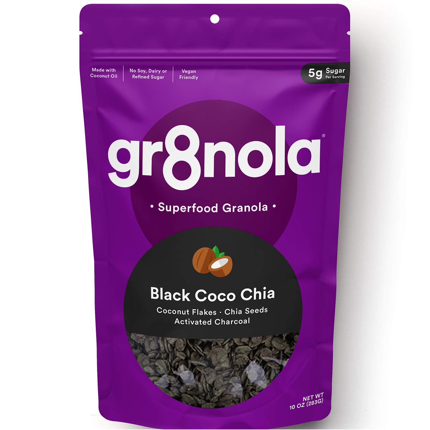 gr8nola BLACK COCO (CHARCOAL) CHIA – Healthy, Low Sugar, Vegan Granola Cereal – Made with Superfoods Chia Seeds and Activated Charcoal, Soy Free, Dairy Free and No Refined Sugar – 10oz Resealable Bag