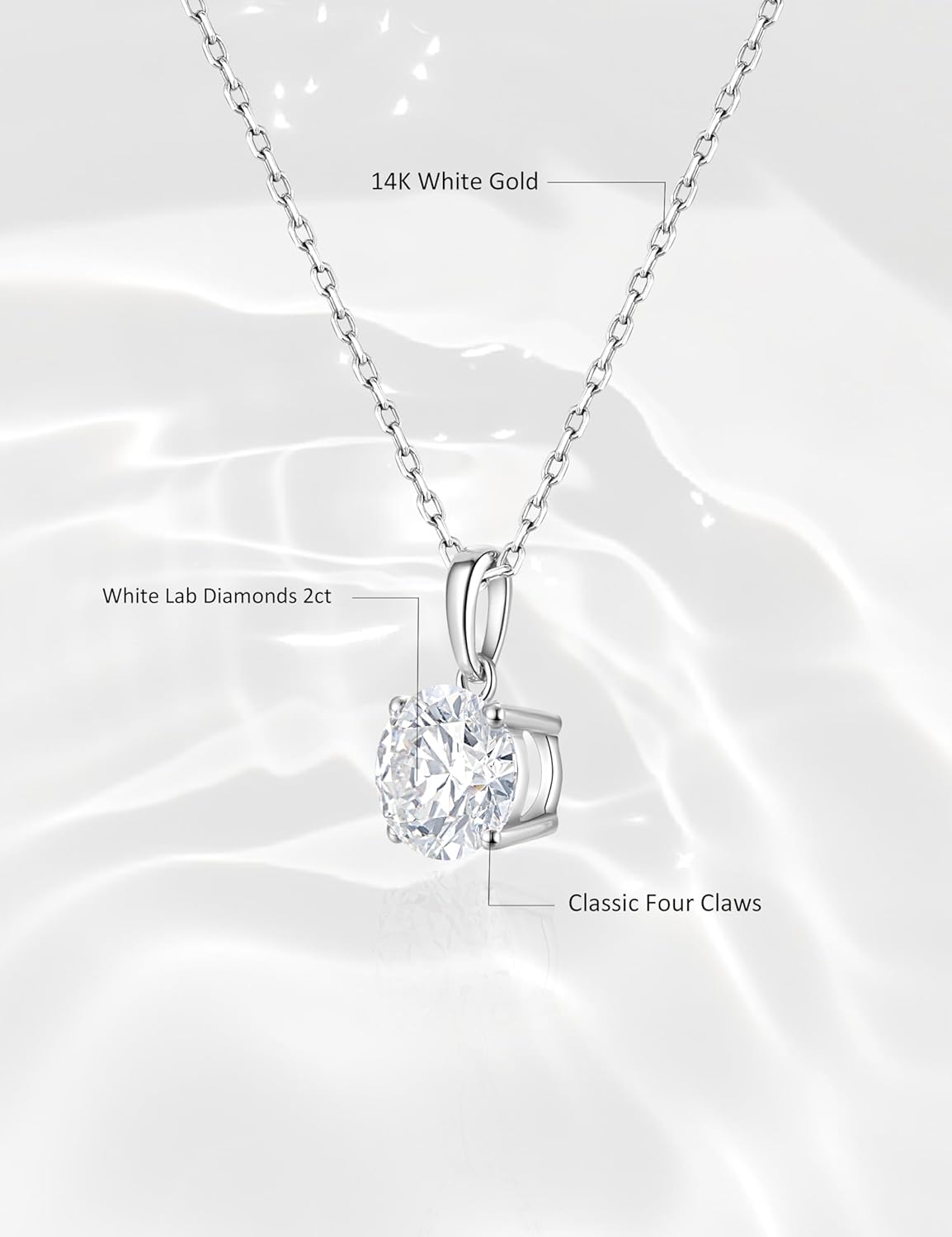 0.5-2 Carat Lab Grown Diamond Necklace for Women,14K White Gold Chain, Classic Four Prong Round Cut Pendant with IGI Certificate,D-E Color VS1-VS2 Clarity