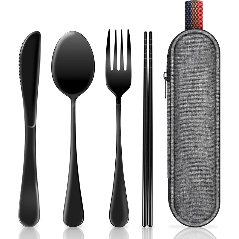 HHZalvyre Stainless Steel Cutlery Set for 1 Person, Portable Travel Utensils with Case, 4-Piece Camping Set with Knife Fork Spoon & Metal Chopsticks, Reusable Black Cutlery Set for Work Lunch (Black)