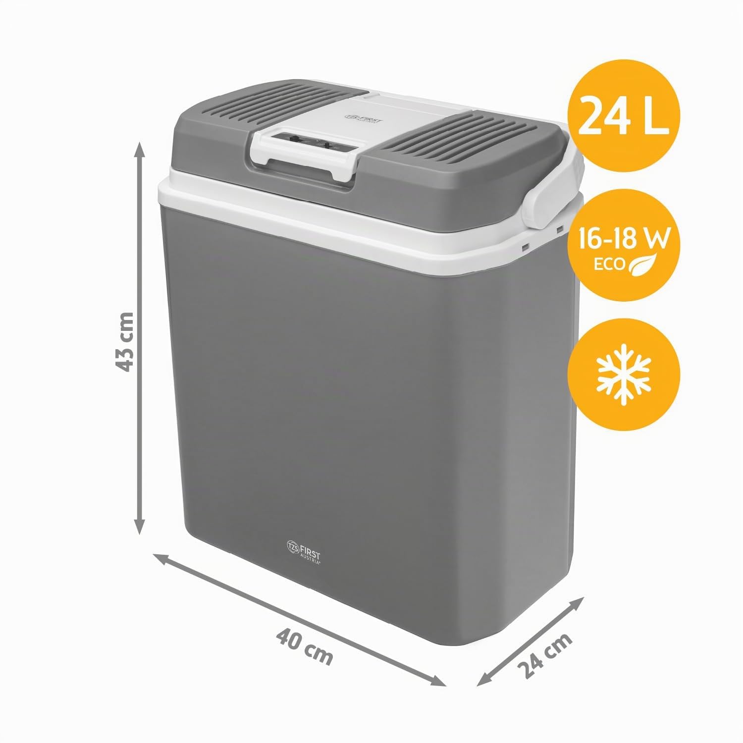 TZS First Austria - Nevera portátil 24L eléctrica 12V 230V enchufe para coche y estándar - Frigorífico termoeléctrico enfría y calienta - Coolbox con asa - Para camping, festivales, viajes - Gris