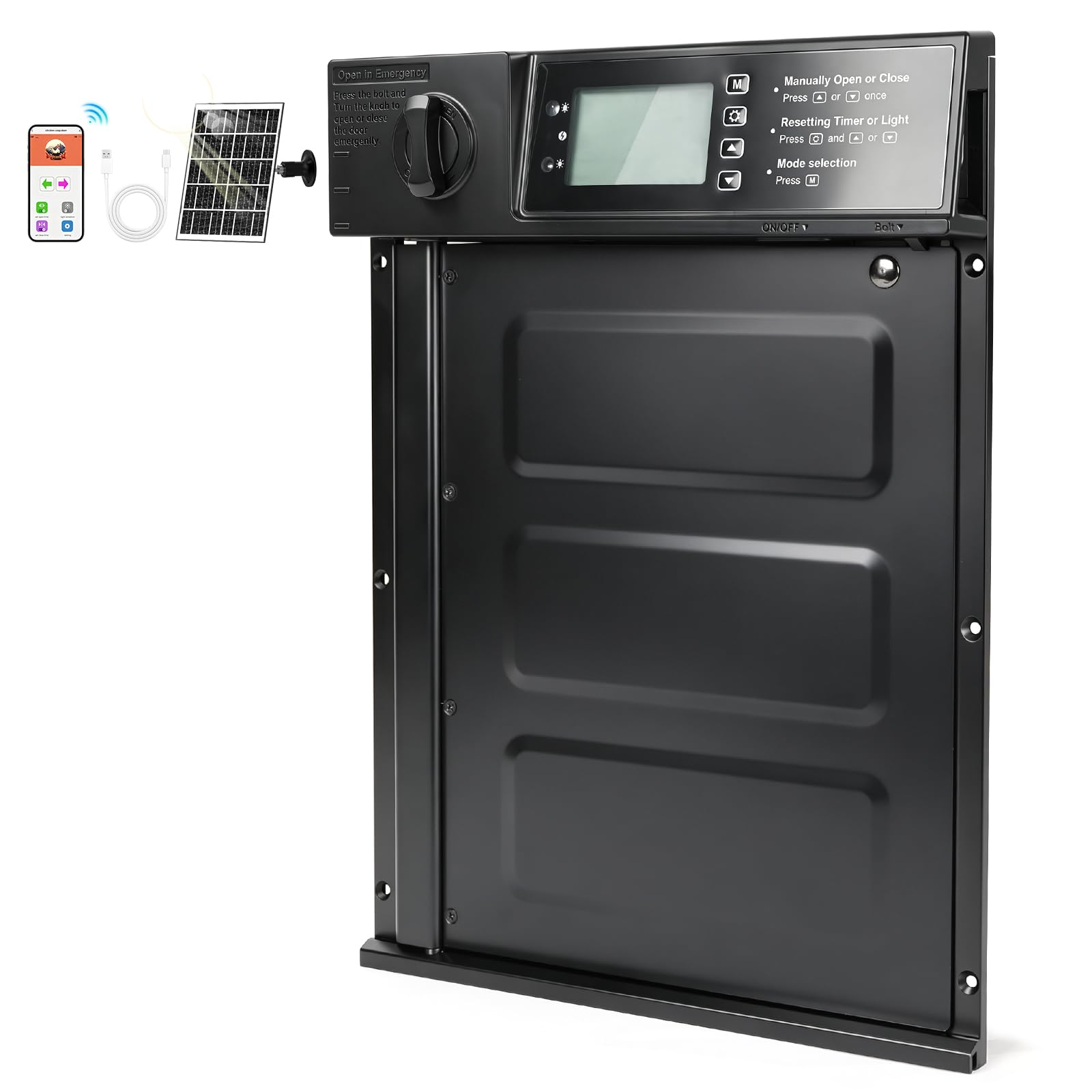 Puerta de pollo automática grande de aluminio, funciona con energía solar y USB, con WiFi (control de aplicación), Tuya, temporizador, sensor de luz, resistente al agua, pantalla LCD y clip