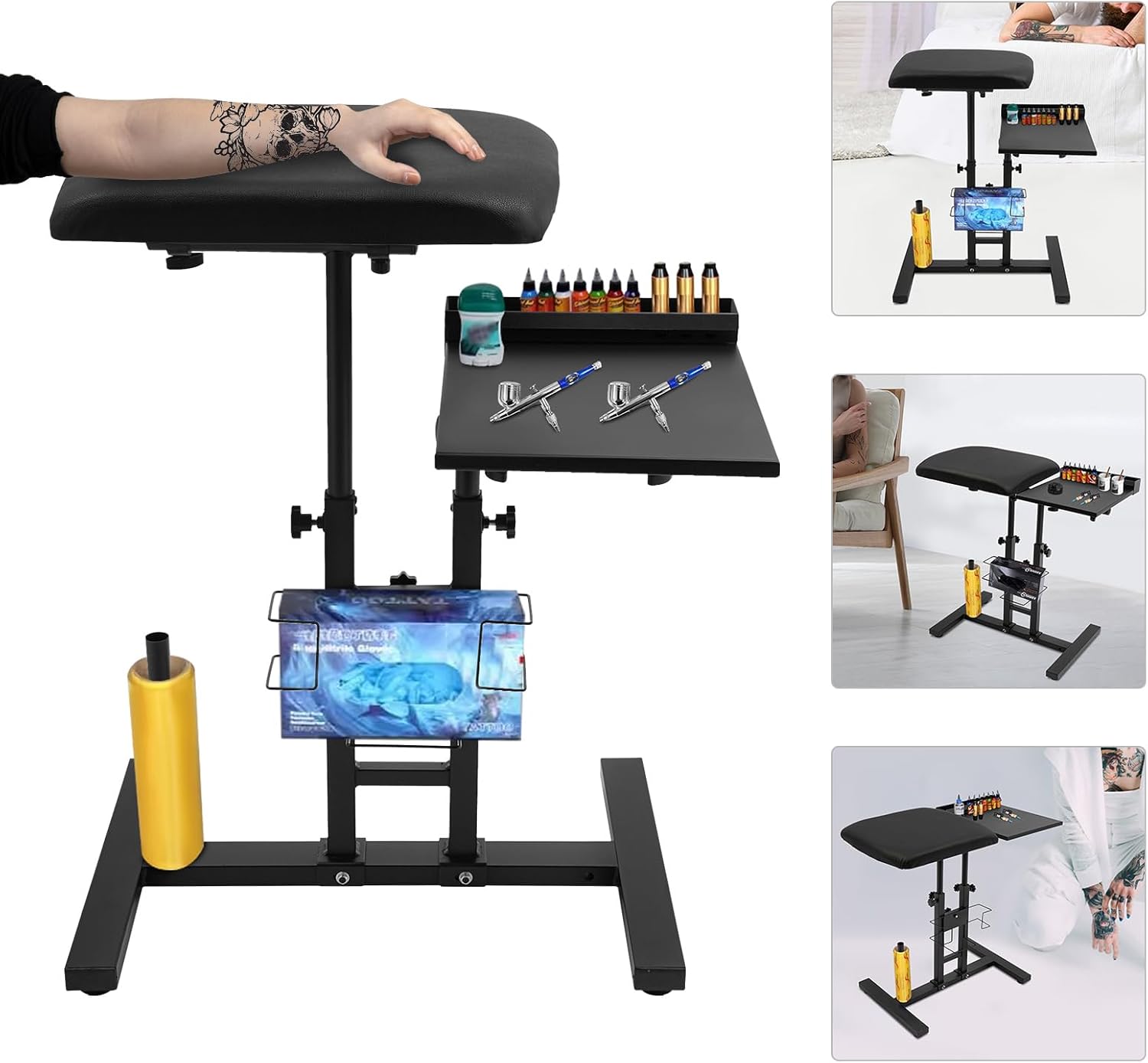 Oversized Arm Rest Stand with Workbench, Adjustable Height Tattoo Armrest Table with 360° Rotating Workbench, Heavy-Duty Foldable Artist Station with Storage Shelf for Tattoo, Massage, and Salon