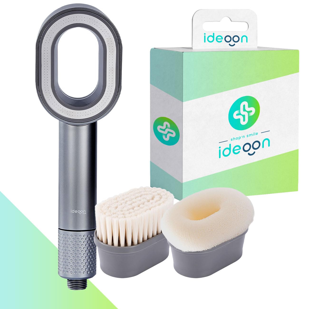 ideoon Duschkopf mit Filter 3-in-1 Wasserspar - Inkl. Bürste & Schwamm - 2 x Premium-Wasserfilter - Eleganter Duschkopf zum Wasser sparen & filtern