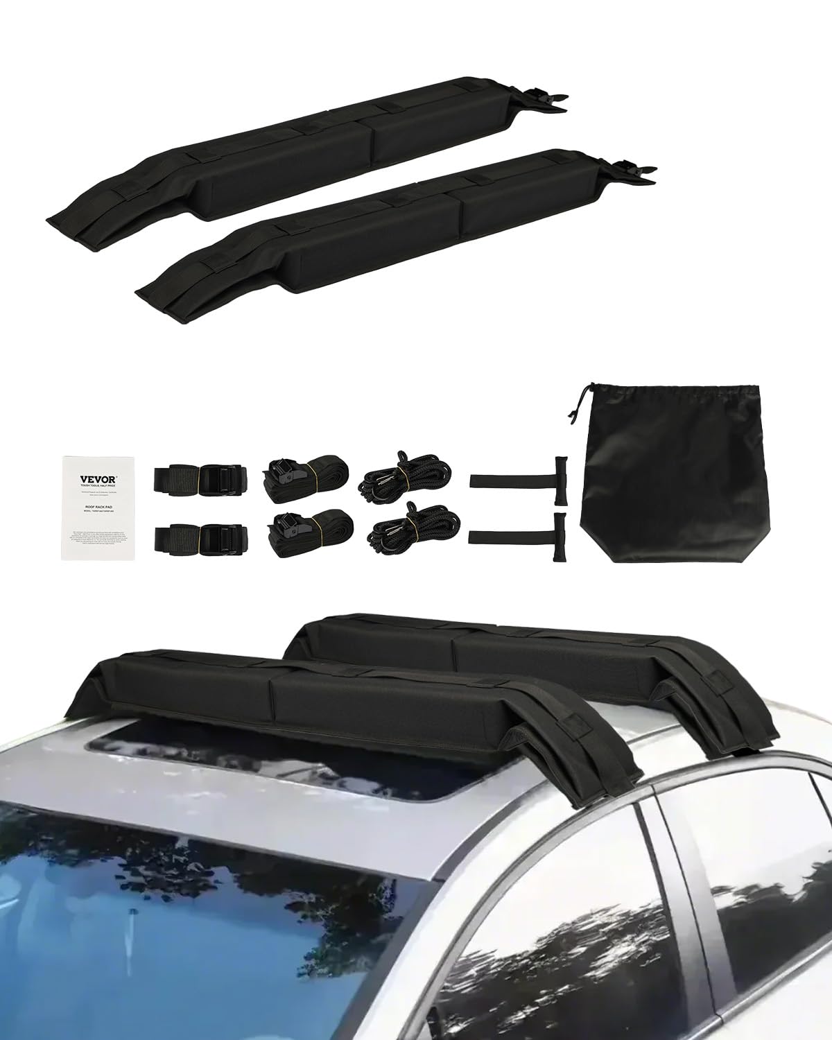 VEVOR Coussinets de Toit Universels pour Voitures, Coussinets pour Porte-​Bagages et Porte-​Kayak, Capacité de Charge de 80 kg, avec 4 Sangles d'Arrimage, 2 Sangles à Boucle Rapide et Sac, pour Canoë