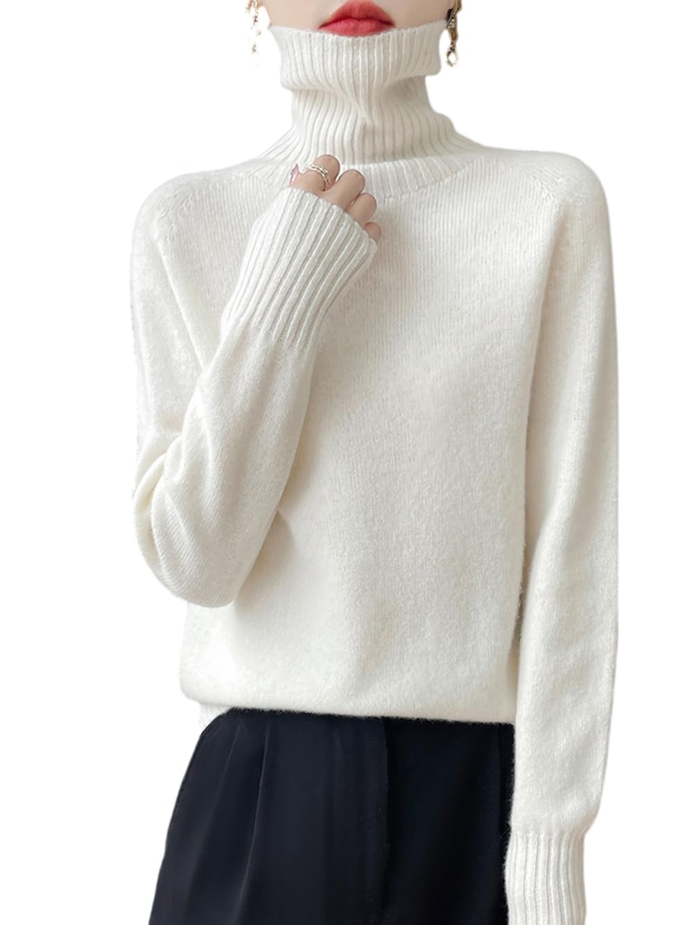 100 Merino Wool Sweaters for Womens Fall Winter Knitted Thick Pullover Long Sleeves Warm Turtleneck Simple WQ708