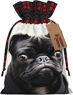 FYCFSLMY Cute Black Pug Christmas Gift Bags with Drawstring, Reusable Gift Wrapping Bags Xmas Holiday Favors Bags