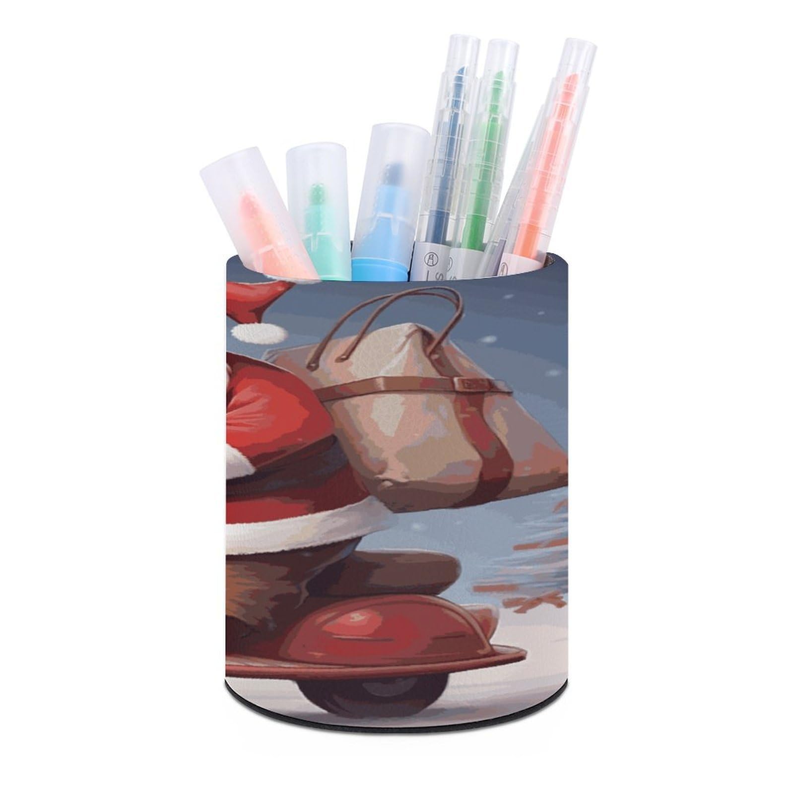LDGSUPH Santa Claus on Scooter Round Pen Holder Leather Pen Cup Pencil Cup Pen Organizer Pencil Holder for Desk Organizer Pencil Organizers Makeup Brush Holders for Home Office Gift