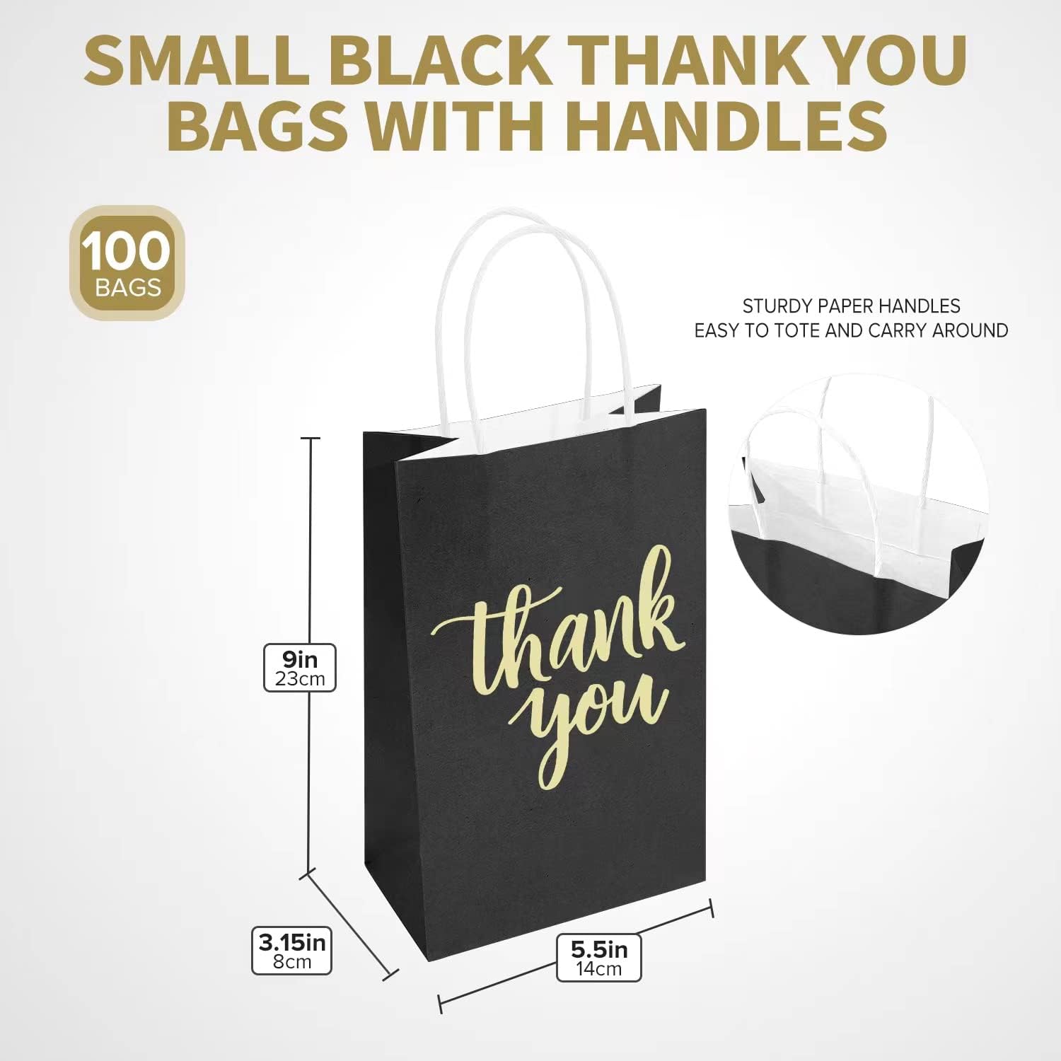 DjinnGlory 100 Pack Small Size Black Thank You Paper Gift Bags with Handles 9x5.5x3.15 Inch for Business Birthday Wedding Bridal Baby Shower Party Favors Goodies - Image 2