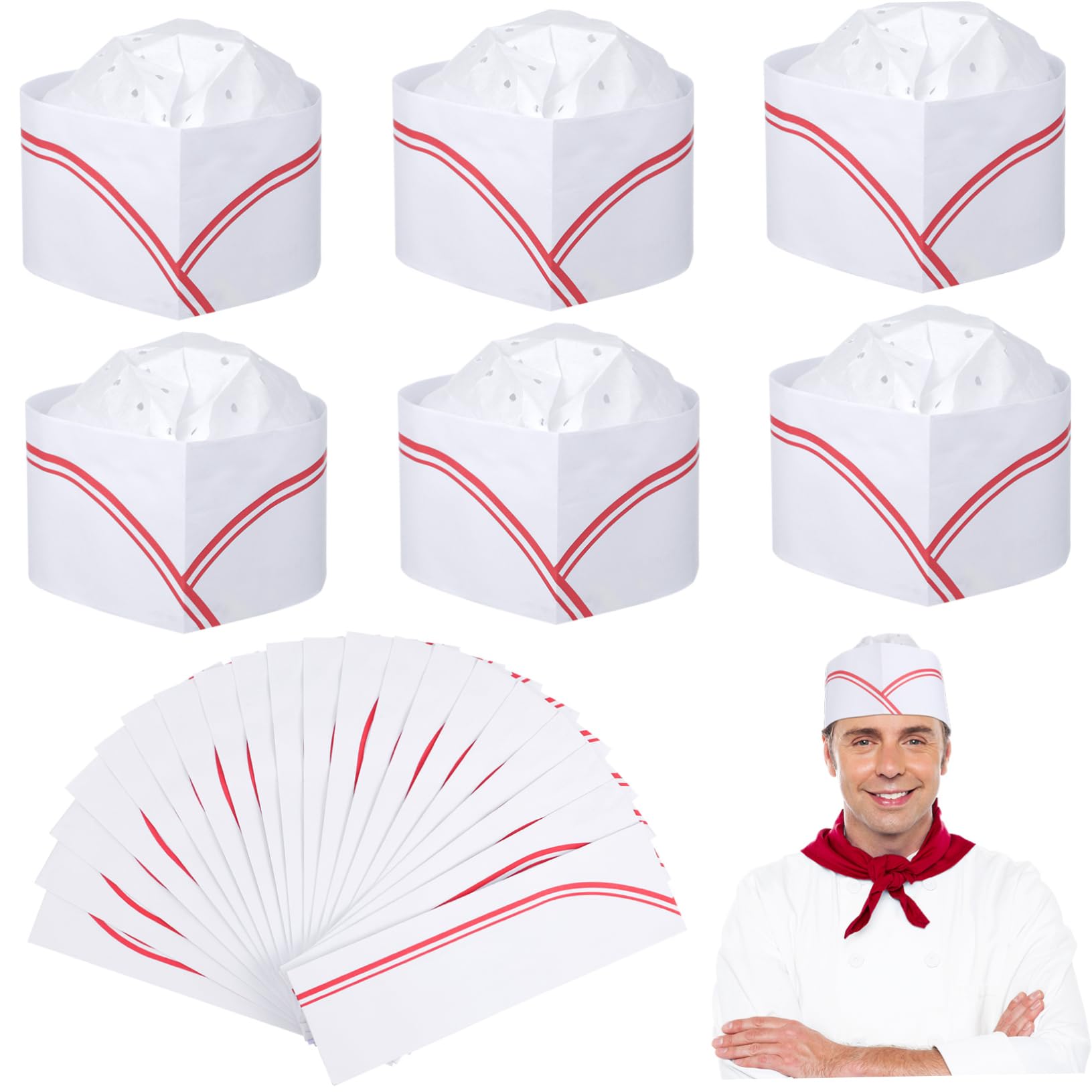 OKUMEYR 20Pcs Disposable Chef Hats with Stripes Paper Uniform Hats for Restaurant Party and Catering Events for Bakers and Food Service Professionals White