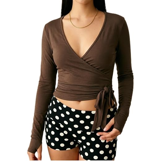 Blusa cropped feminina Y2k de manga comprida para balé, pilates, ioga, gravata frontal, gola V, caimento justo, espartilho