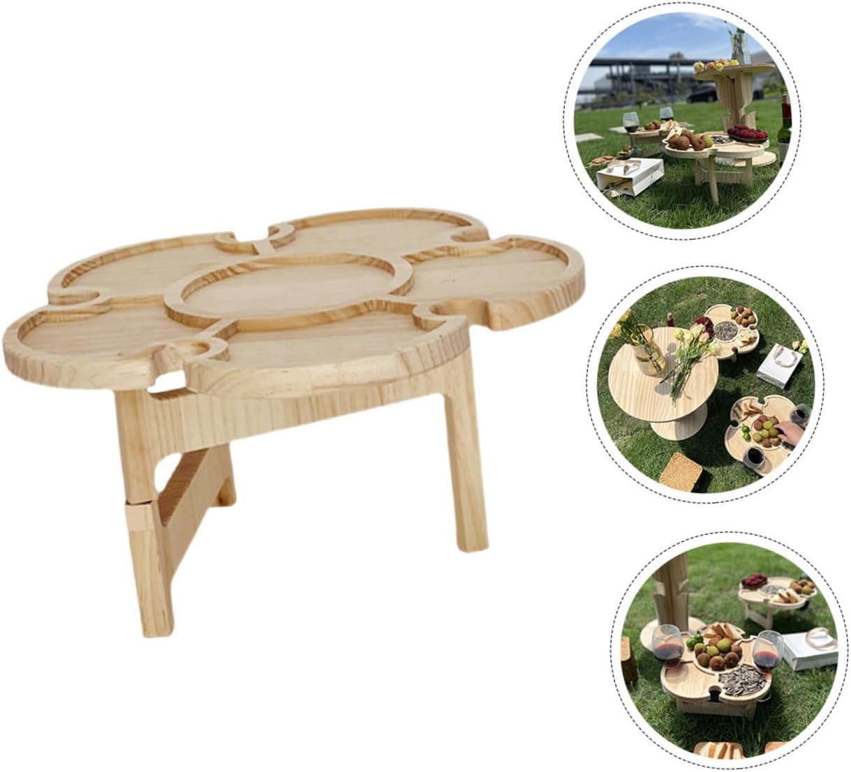 Homoyoyo Portable Wooden Folding Wine Desk Table for Outdoor Picnic and Beach Small Foldable Beverage Table with Tray 35cm Diameter Petal Shape