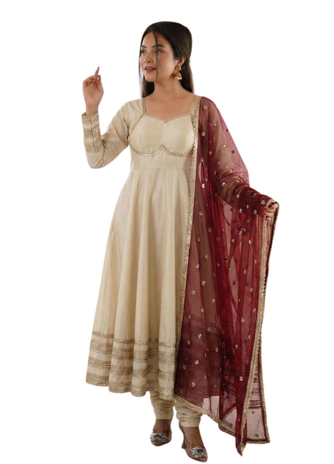 D & M Creation Women’s Anarkali Gown Set with Dupatta | Cosmos Gold Fabric | Heavy Lace Work with Kali Cutting | 3.85 Meter Flair | Full Sleeves-picture-19
