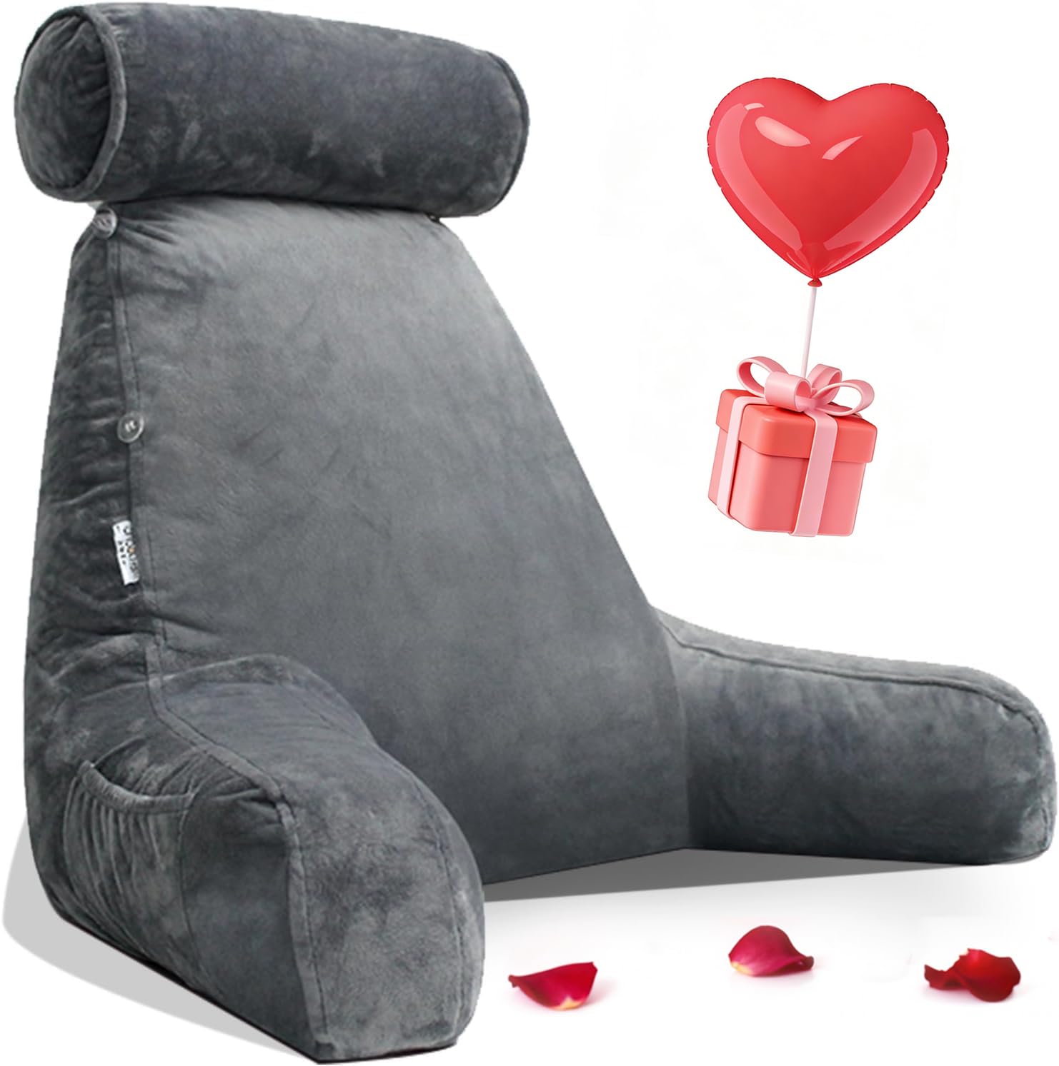 Extra Large Reading Pillow for Sitting in Bed Adult with Detachable Neck Support Cushion & Backrest Pillow for Bed with Arms and Side Pocket Shredded Foam Back Pillow with Washable Cover