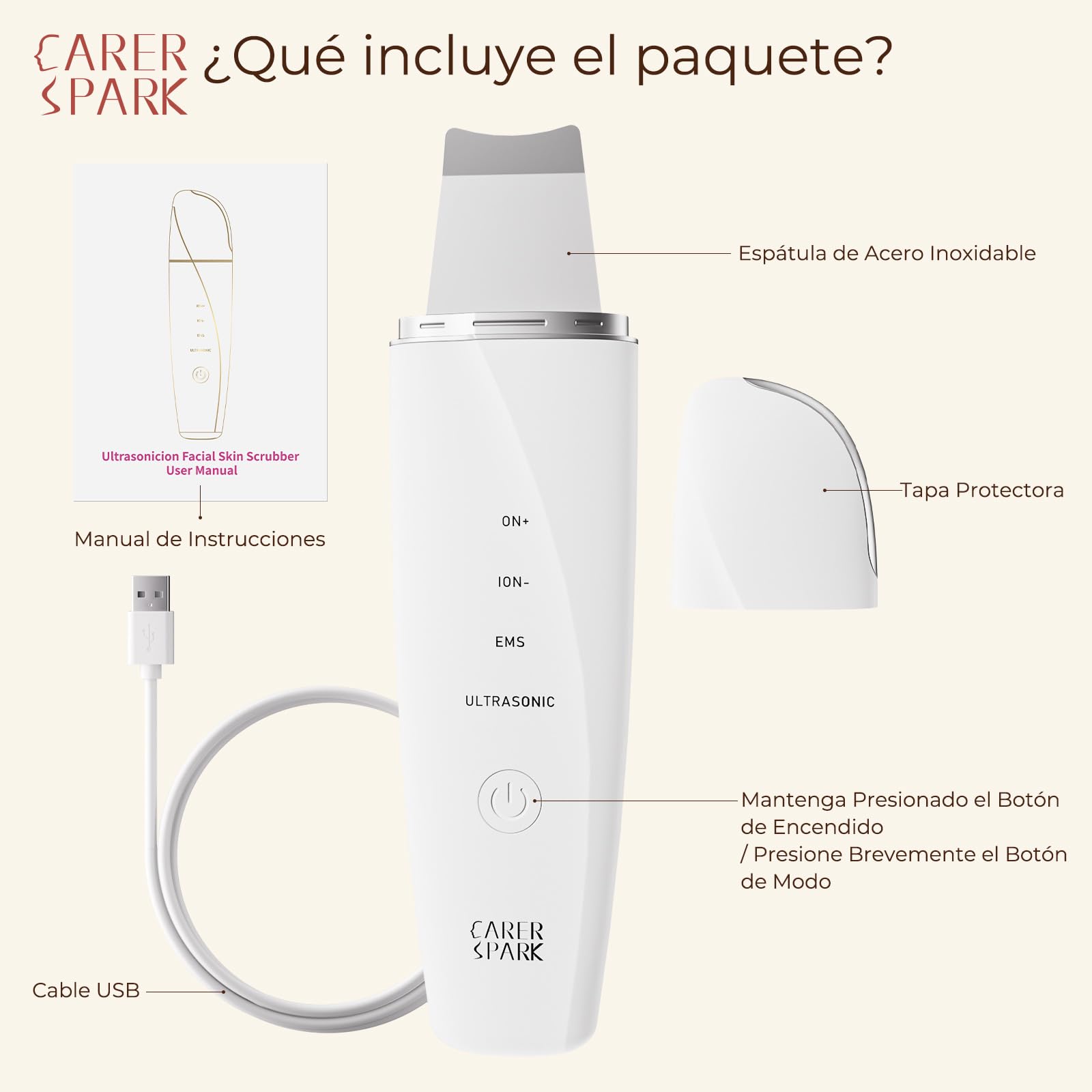 CARER SPARK Peeling Ultrasónico Facial – Espátula Facial Ultrasónica EMS e Iones y Terapia de Luz, 4 Modos para Limpieza Profunda Eliminación de Puntos Negros Exfoliación Suave Recargable USB