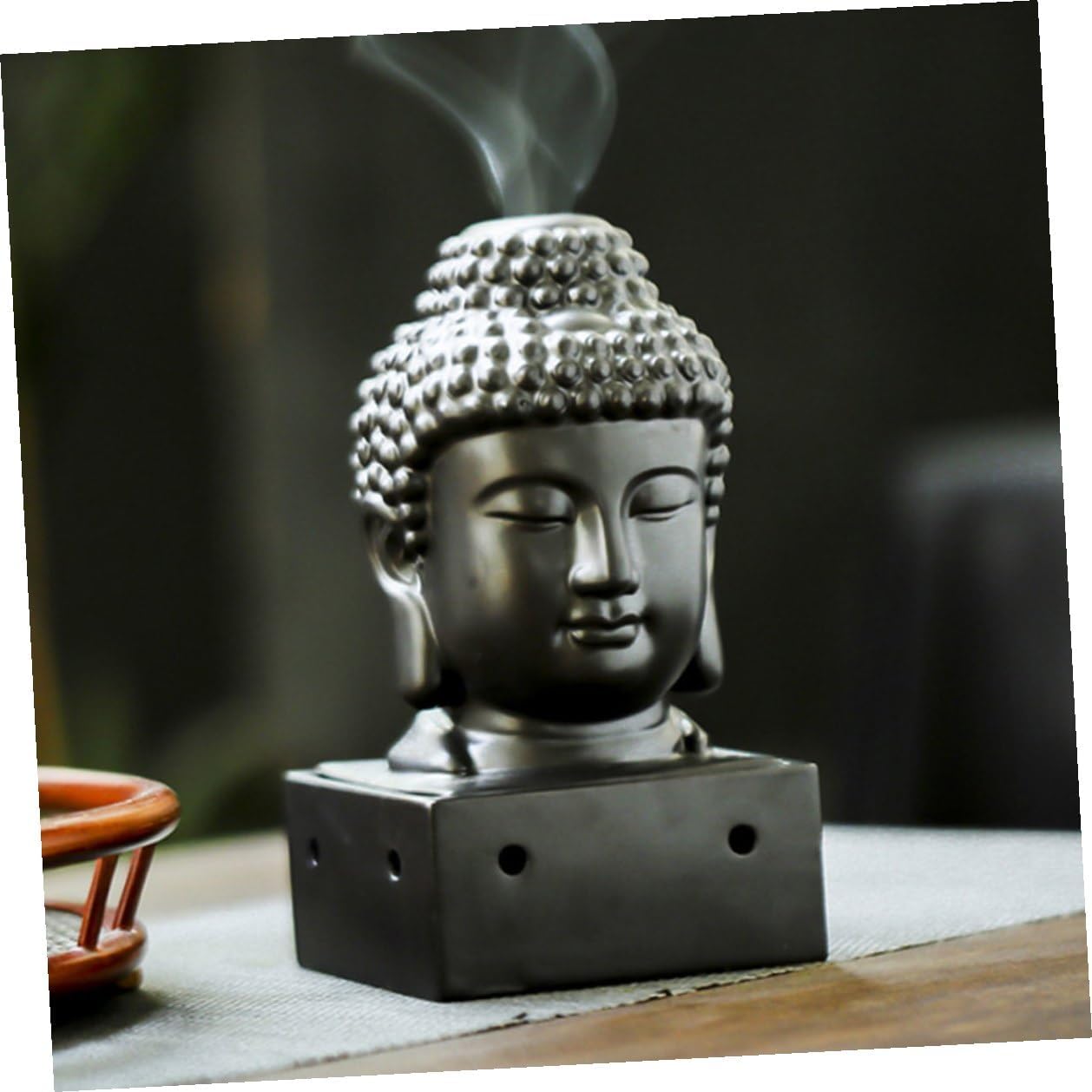 Ceramic Buddha Incense Holder Black Desktop Incense Burner with Ash Catcher for Indoor Aromatherapy Meditation Home Décor