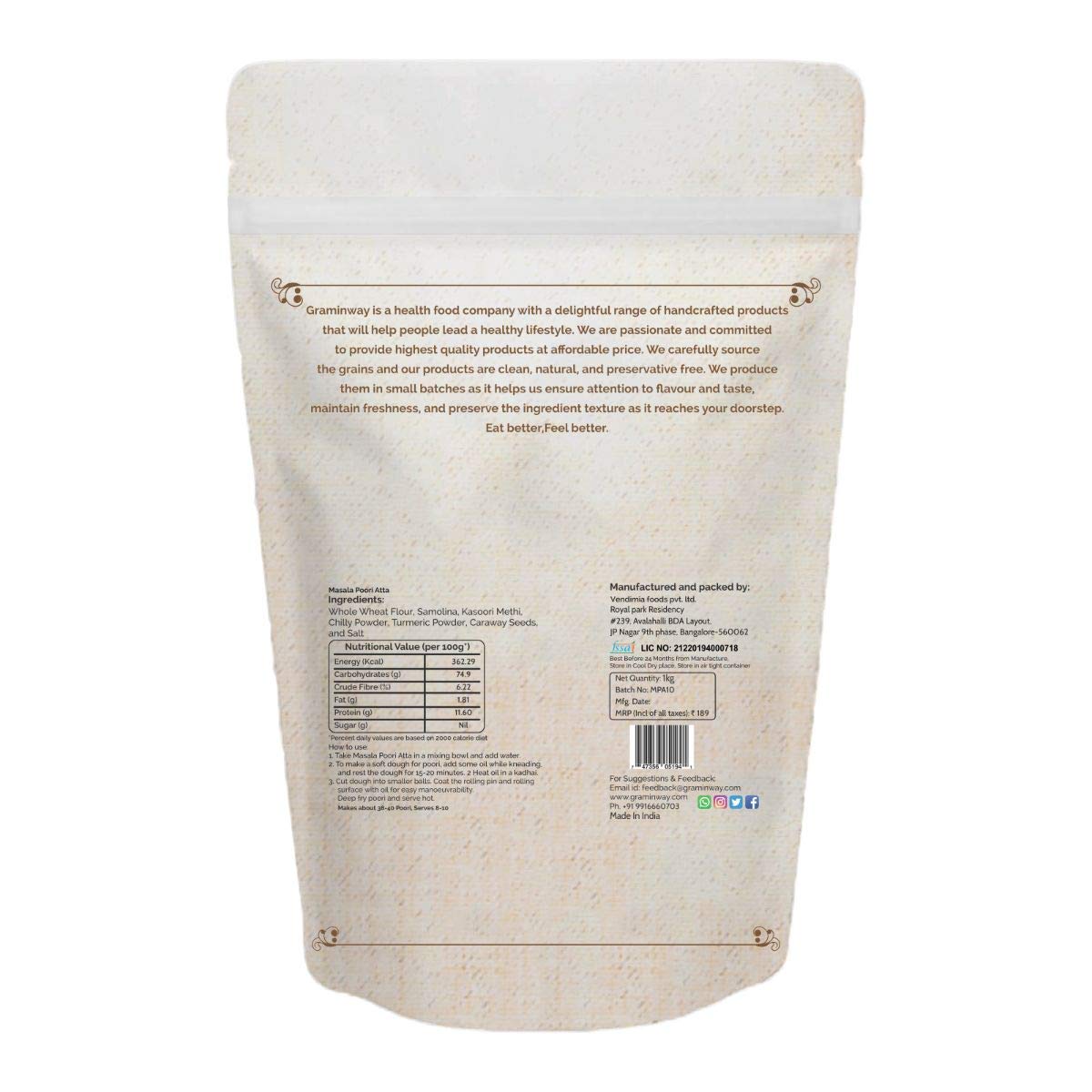 GRAMINWAY - from The Roots Tasty & Healthy Gluten Free & Chemical Free Masala Poori Atta 1kg - Image 3 thumbnail