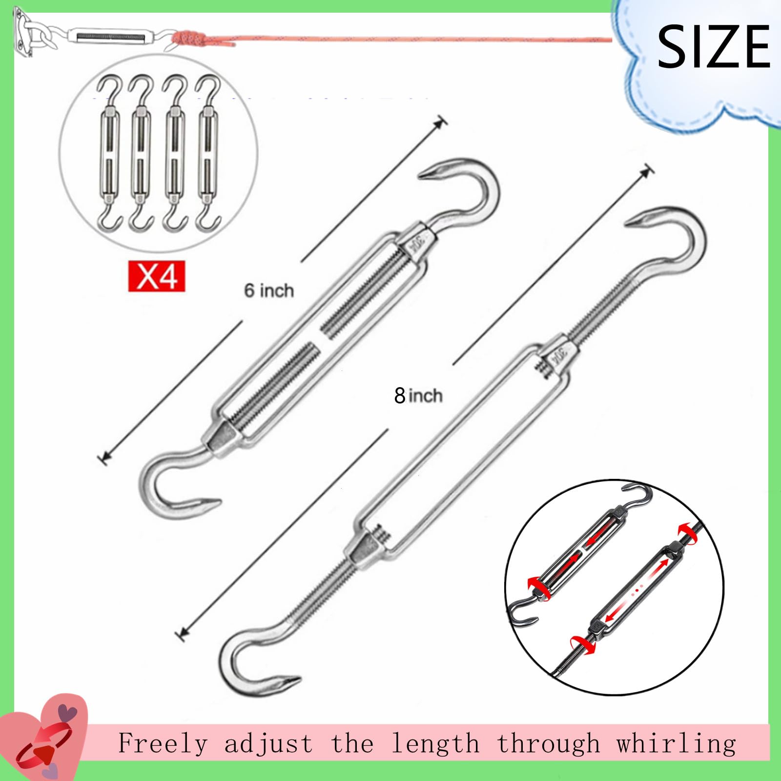 HFHungkeong Shade Sail Hardware Kit Suitable for Rectangle Outdoor Sun Shade Sail, Sun Shade Hardware Kit with S Buckle and Pad Eye with Ring for Deck Garden Patio for Sunshade,6Inch 52Pcs
