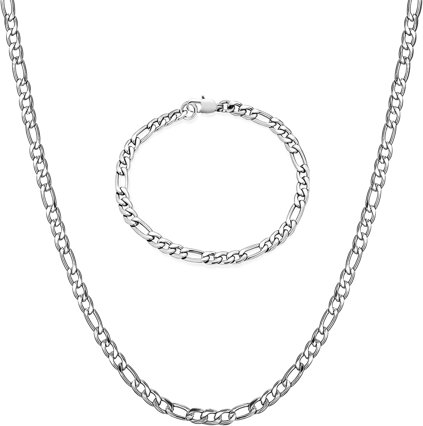 Figaro Chain Bracelet, 3/4/5/6/7/8 mm Wide Stainless Steel Silver Figaro Chain Bracelet Necklace Hip Hop Punk Jewellery for Men Women 46/51/56/61/66 cm Length