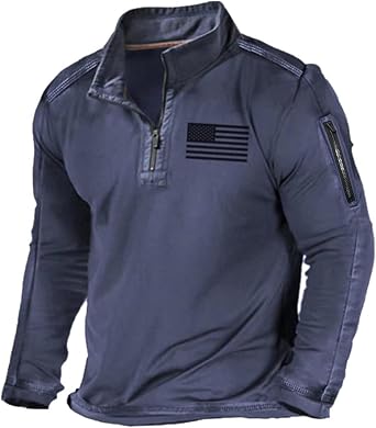 Mens Tactical Sweatshirts with No Hood Long Sleeve Stand Collar Casual 1/4 Zip American Flag Patriotic Pullover Sweater Tops