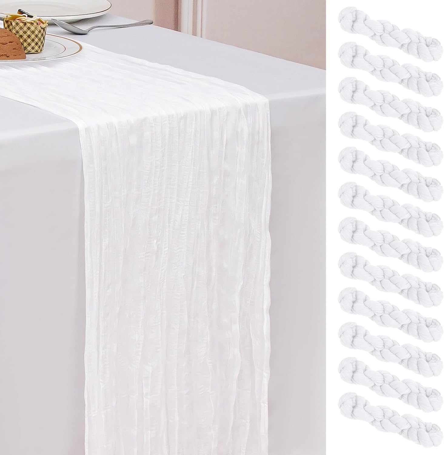12 Pack White 20x120 Inch Cheesecloth Table Runner 10FT Boho Gauze Rustic Gauze Cheese Cloth Table Runners for Wedding Party Baby Shower Birthday Banquet Spring Decor