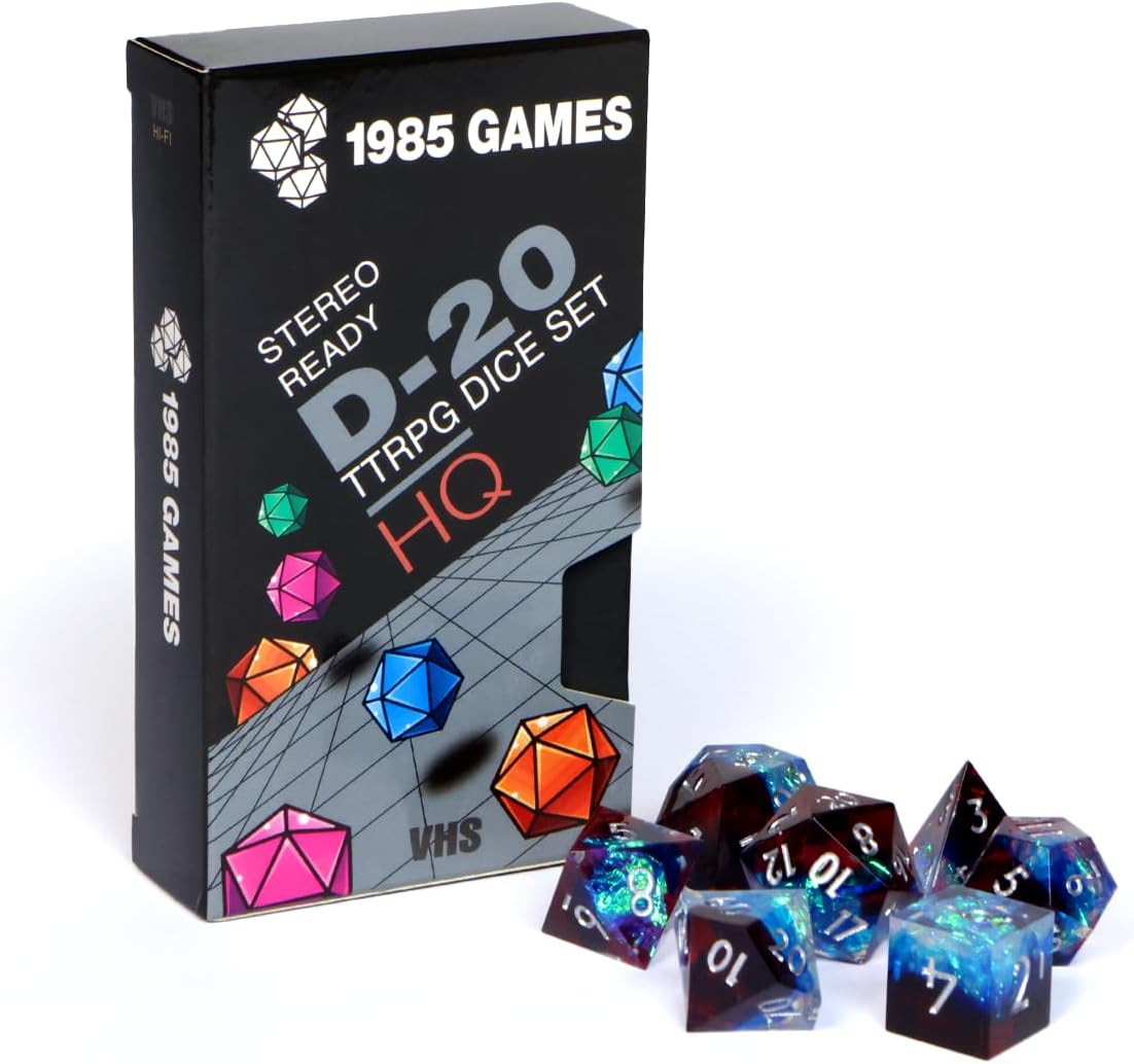 1985 Games Sharp Edge DND Dice Set – Plasmic Punch Polyhedral Dice in Retro VHS Box – TTRPG Dice Set – Tabletop RPG Accessory (Set of 7)