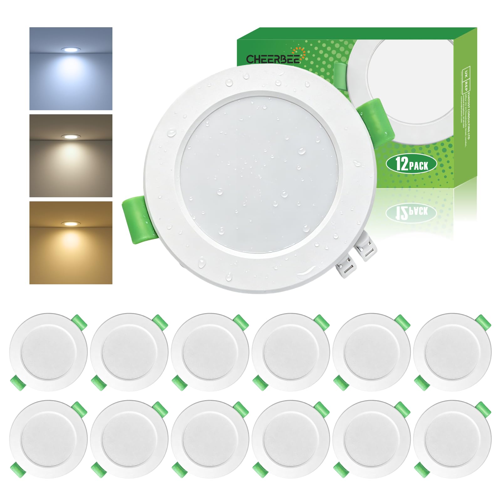Spot LED Encastrable Extra Plat 5W 480LM, Spot LED Encastrable 68mm-80mm, Blanc Chaud 2700K Blanc Neutre 4000K Blanc Froid 6000K Réglable, IP44 Spots de Plafond LED Salle de Bain, Lot de 12