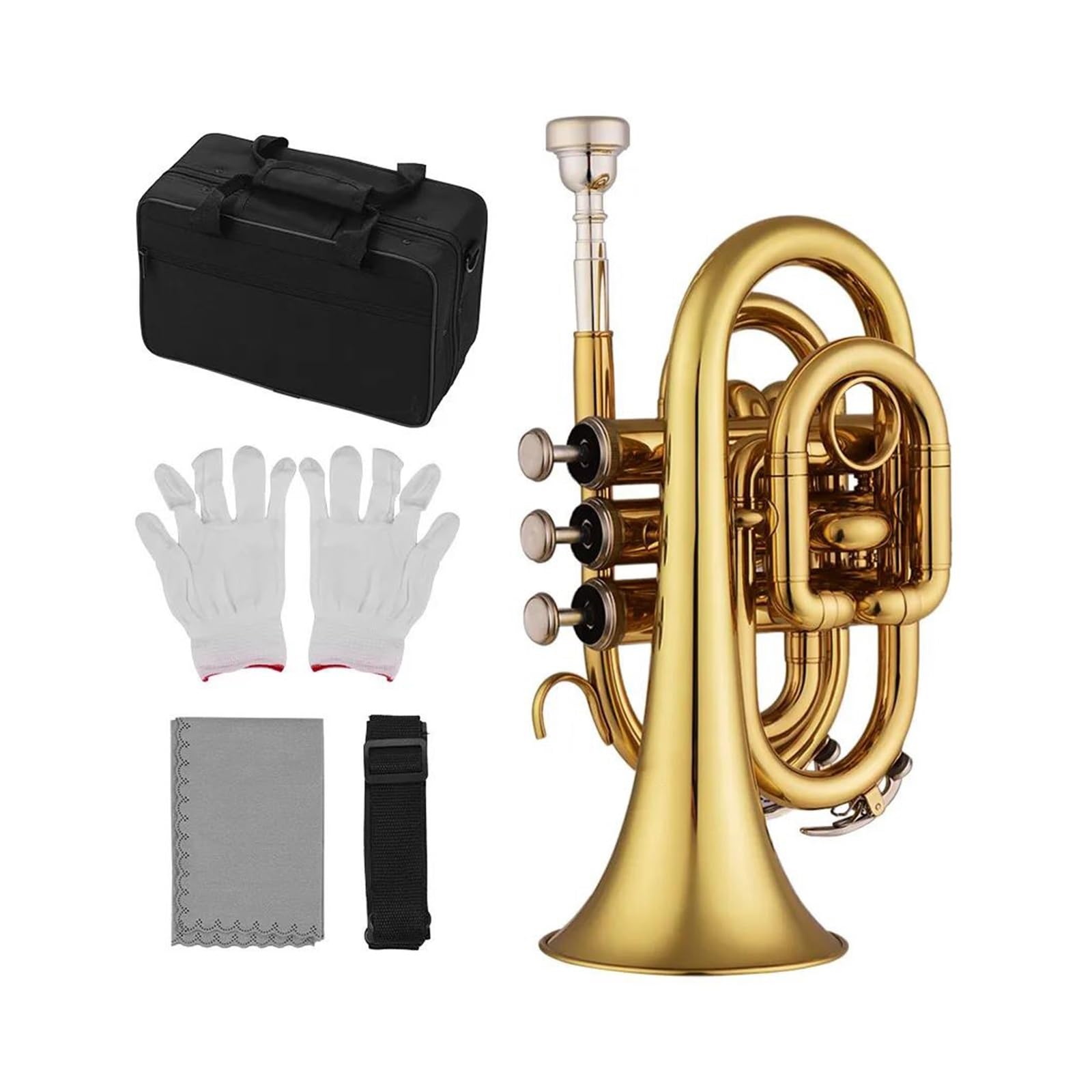 Profesjonalna Trąbka Trąbka Kieszonkowa Bb, Płaski Instrument Dęty Z Mosiądzu Z Ustnikiem, Futerał Do Przenoszenia Akcesoriów (Color : Gold)