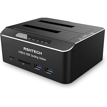 RSHTECH USB 3.0 Hard Drives Docking Station Aluminum Multifunction SATA External Dual Bay Dock for 2.5/3.5 Inch HDD and SSD up to 2x 16TB Support Offline Clone SD/TF Tool-Free
