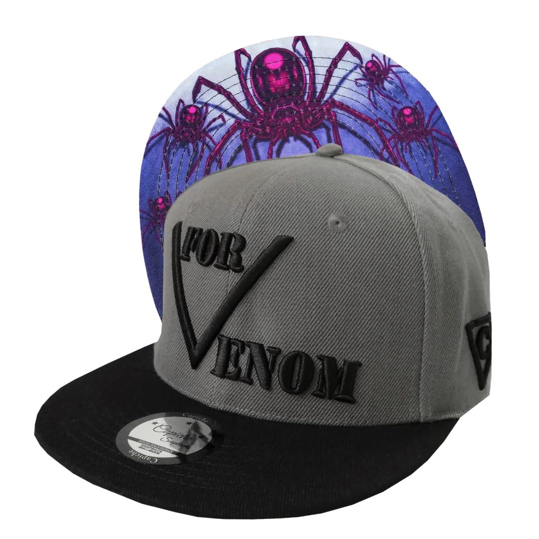 Capiche Men's [Venom] Black Widow [99+ Variations] Black Widow Hat, Gray Snapback Spider Flat Bill Baseball Cap, Brim Originales Gorra Man, Venom Tattoo Arachno, Horror, Adjustable Classic Gray &