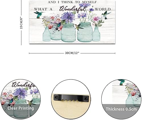 Miniatura 2 de Letrero de madera con texto en inglés What A Wonderful World con colibríes, placa clásica de pared divertida para tienda de flores, letrero de pared