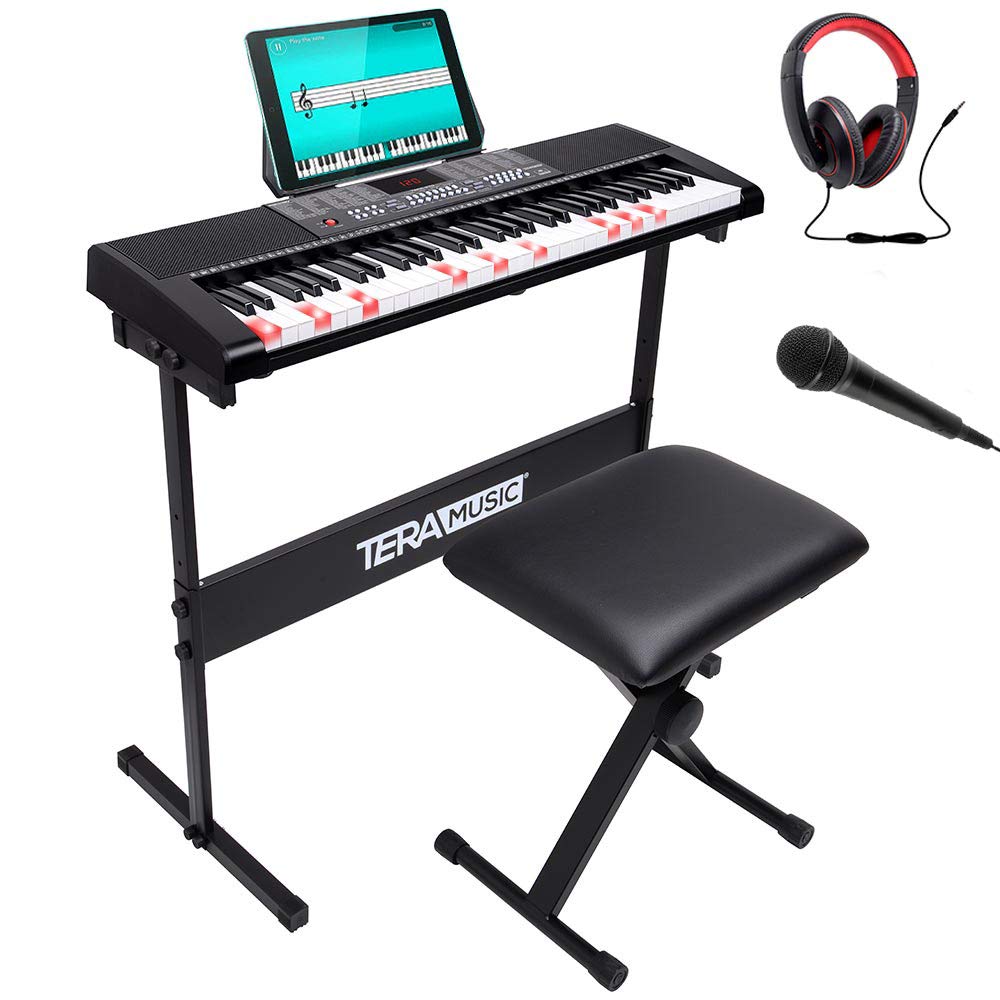 Bakaji Tastiera Musicale Pianola Elettronica 61 Tasti Luminosi Pianoforte Multifunzione con Supporto Sgabello e Cuffie 255 Ritmi Ingresso AUX e Leggio