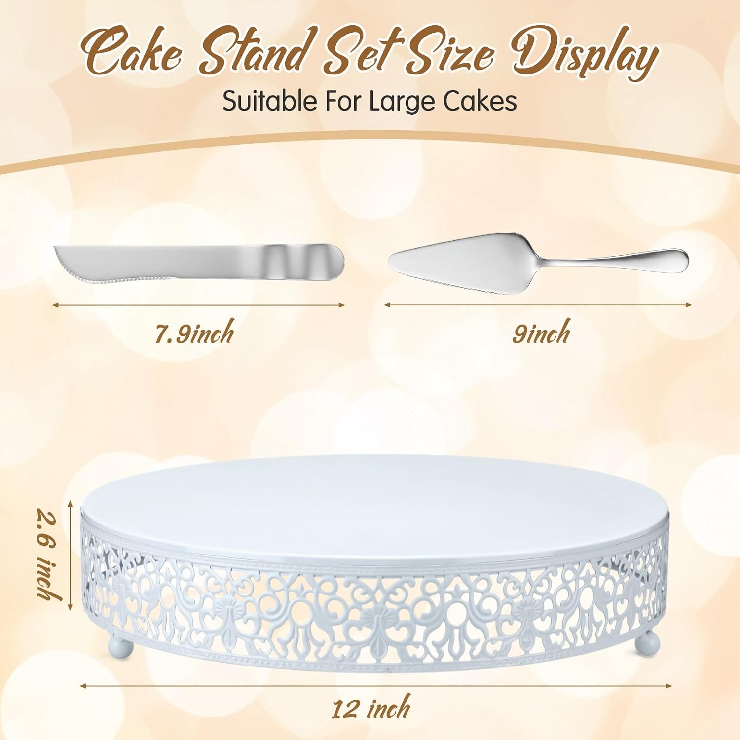 wenqik 12 inch white cake stand set metal round cupcake dessert stand with cake cutting, spatula wedding cupcake pastry display candy holder display for wedding party birthday baby shower(classic) white 12 inch classic