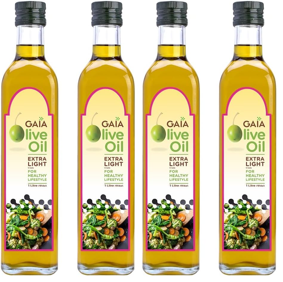 Image of Gaia Extra Light Olive Oil (1L Bottle Pack of 4) Incredibly Healthy with Zero Cholesterol and Low Saturated Fat