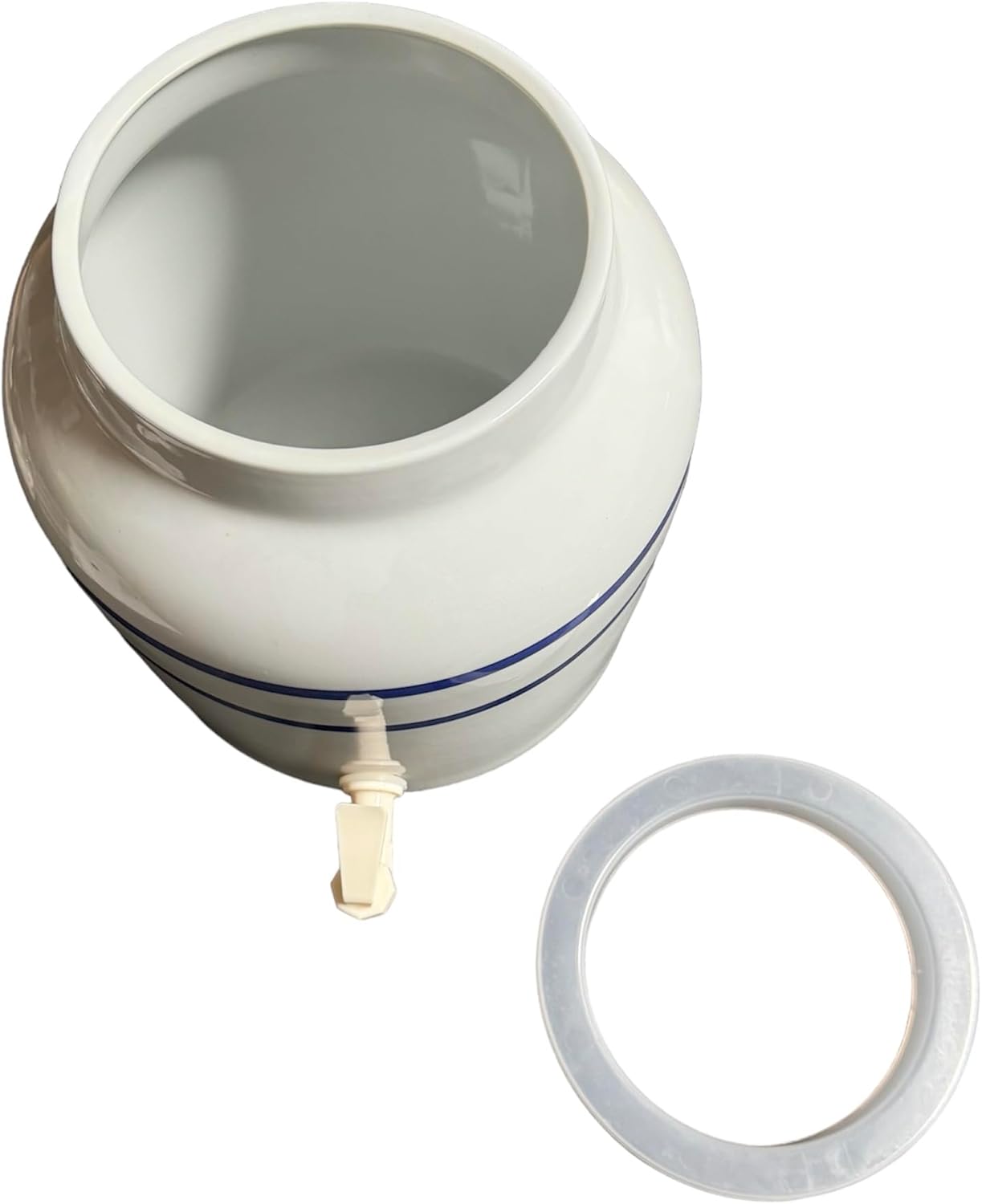 Aquanation Stripe Design Countertop Water Dispenser Porcelain Ceramic Beverage Crock with BPA Free Spigot and Ring, Fits 3 to 5 Gallon Bottle Jug - Blue