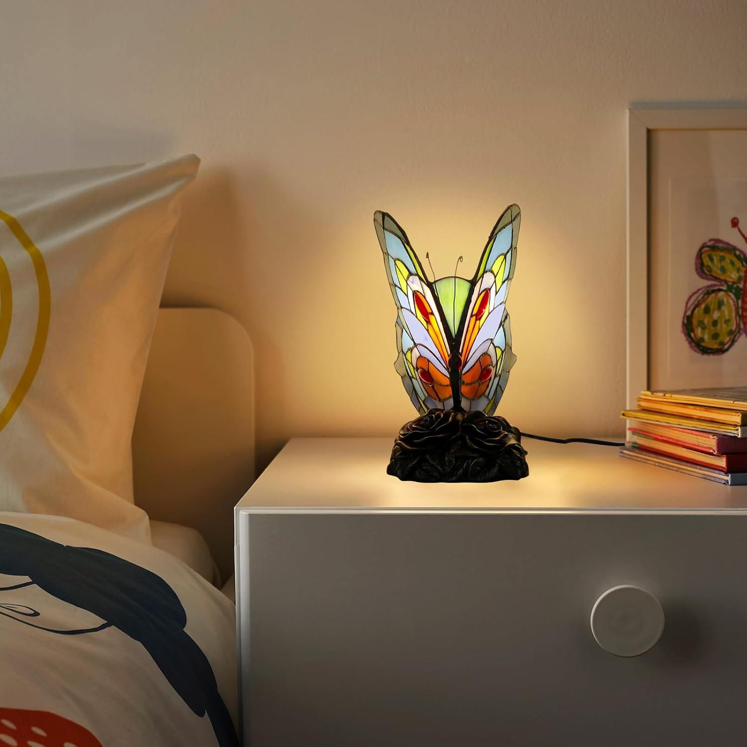 Tiffany Lamp Blue Butterfly Style Table Lamp Small Desk Lamp Vintage Tiffany Table Lamp for Bedroom Living Room Home Office Decoration Gift, Color Changing LED Bulb Included