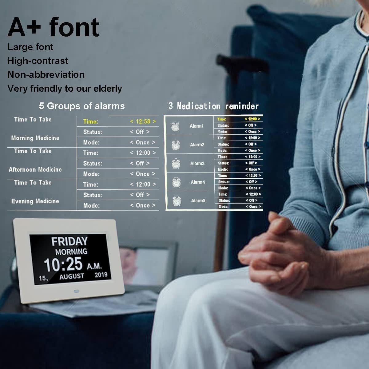 Orologio con giorno e data per anziani, opzioni digitali di allarme, 18 allarmi, display auto-dim a livello 5, per anziani, ipovedenti, perdita di memoria black
