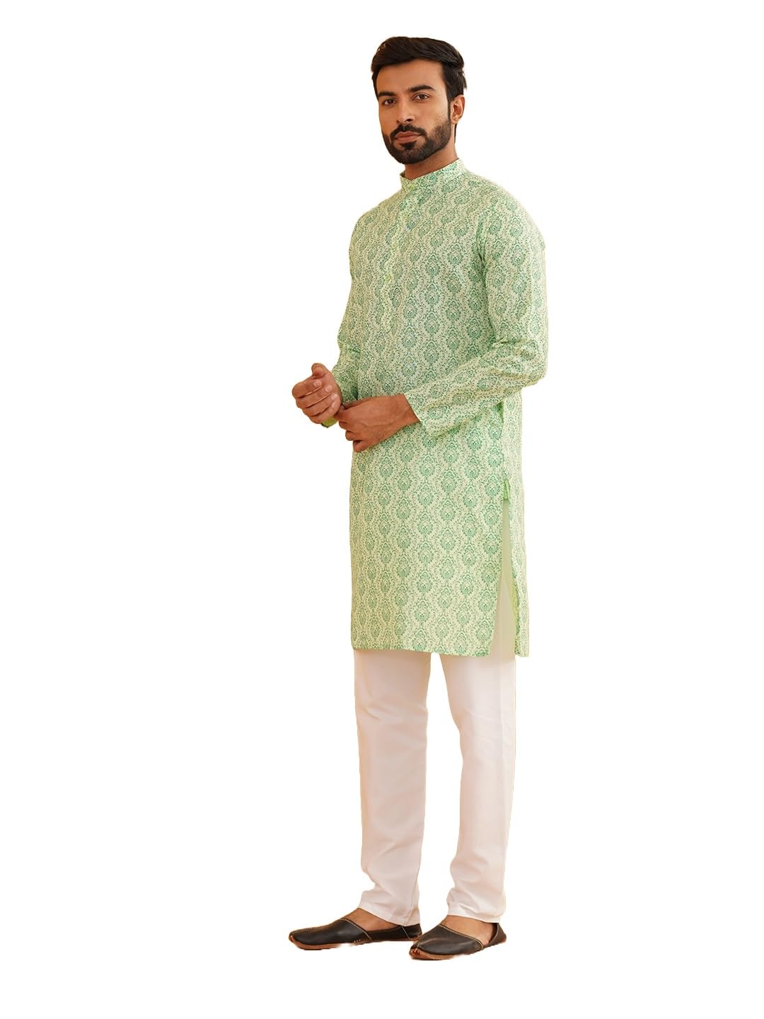 sojanya (Since 1958 Men's Cotton Blend Navy Blue & Black Printed Kurta & White Churidar Pyjama Set-picture-23
