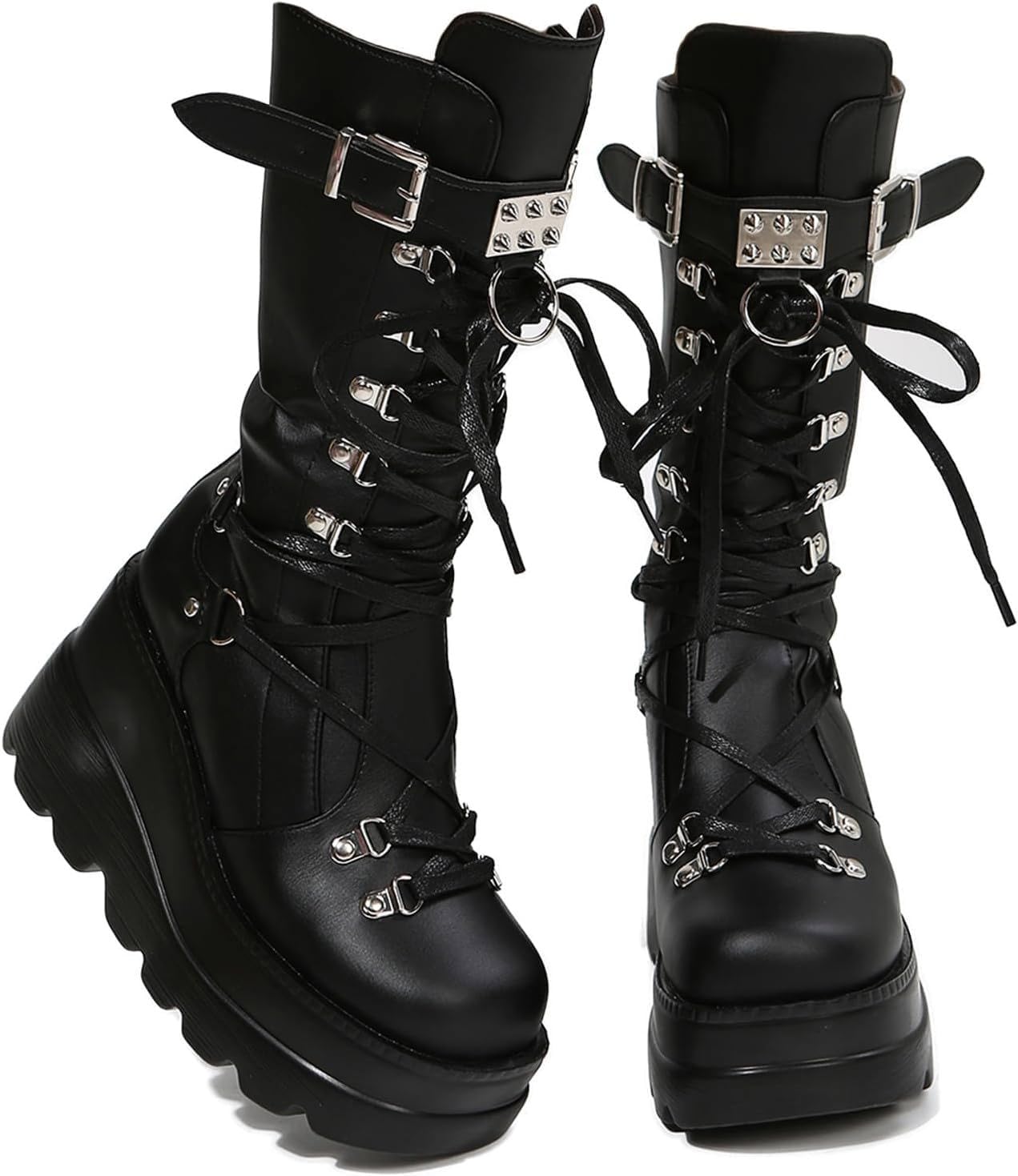 Women Platform Mid Calf Boots Chunky Heel Zipper Round Toe Booties Fashion Motorcycle Punk Goth Combat Boot