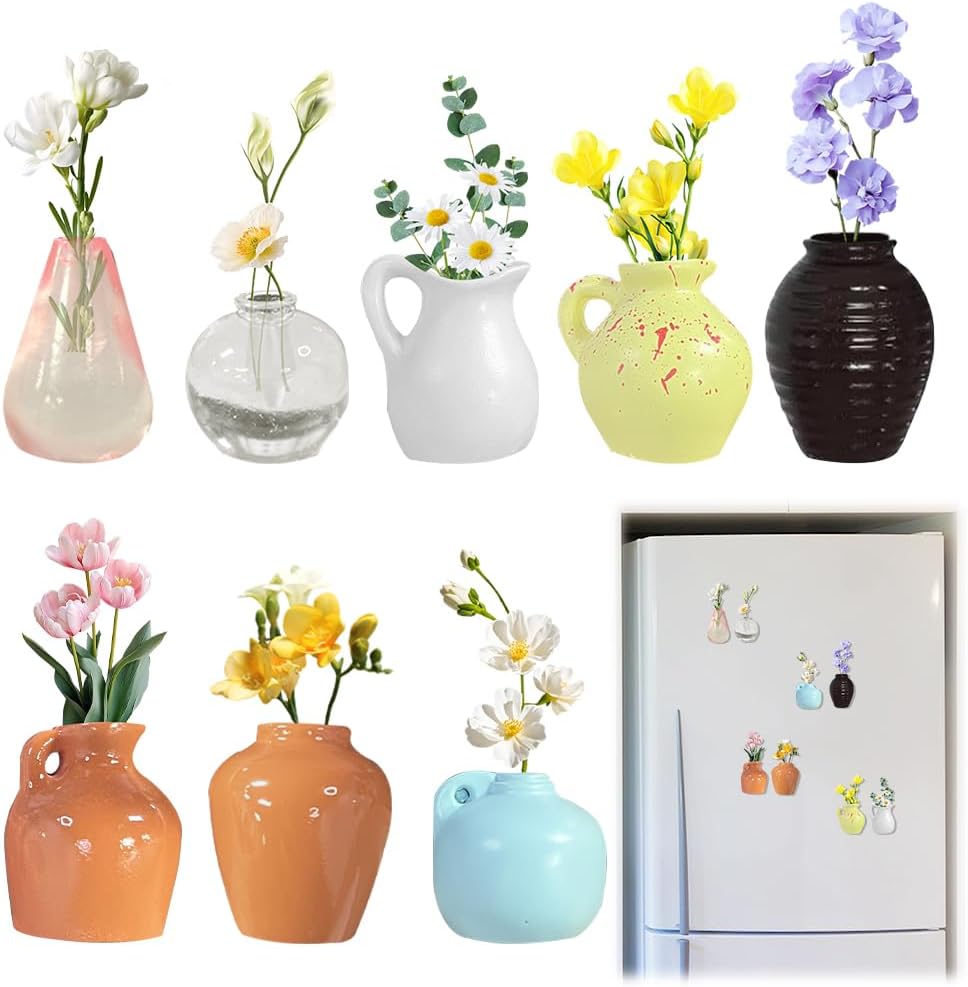 LOMUG, 8 mini jarrones magnéticos para nevera. Un set de mini jarrones divertidos, pequeños jarrones 3D de resina, para usar como imanes de nevera, para la cocina, el hogar, como accesorio de nevera y para decoración de oficina.