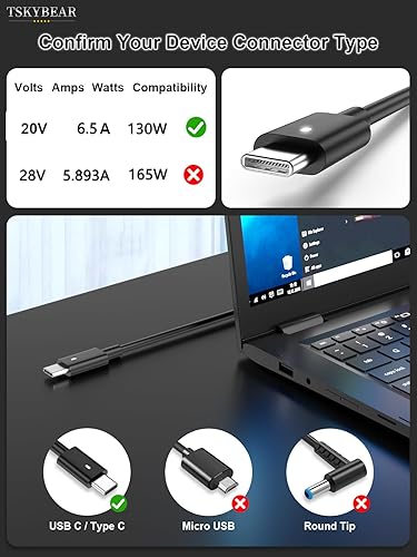 Miniatura 2 de TSKYBEAR 130W compatible con cargador USB C para laptop Dell 130W, compatible con Dell XPS 17 15 2 en 1 9575 9700 9500 9510 Precisión 3580 5550 5530