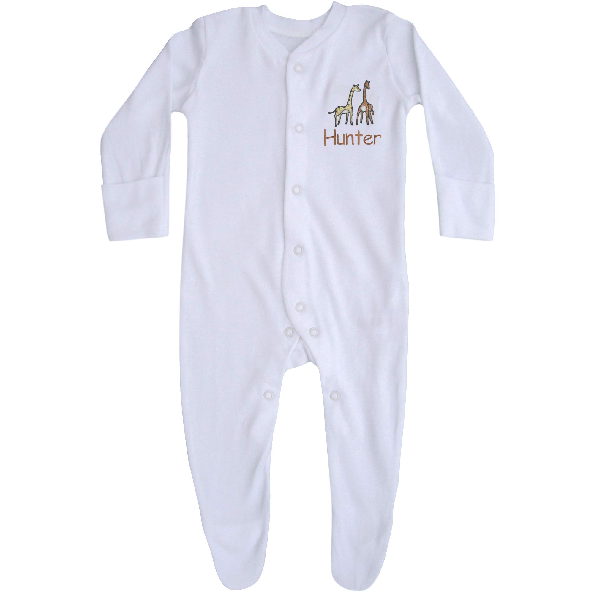 TeddyT's Baby White Personalised Name All in One Giraffe Sleepsuit (3-6 Months, One Name)