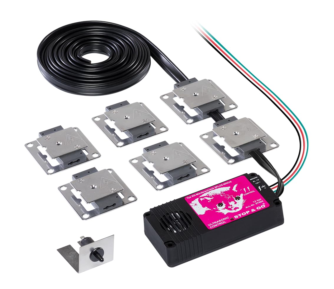 STOP&GO Marderabwehr 6 Plus-Minus Hochspannungsgerät mit Ultraschall - Doppelte Edelstahlkontaktplatten – Bordnetzanschluss – Haubenkontaktschalter – Anschluss Klemme 15