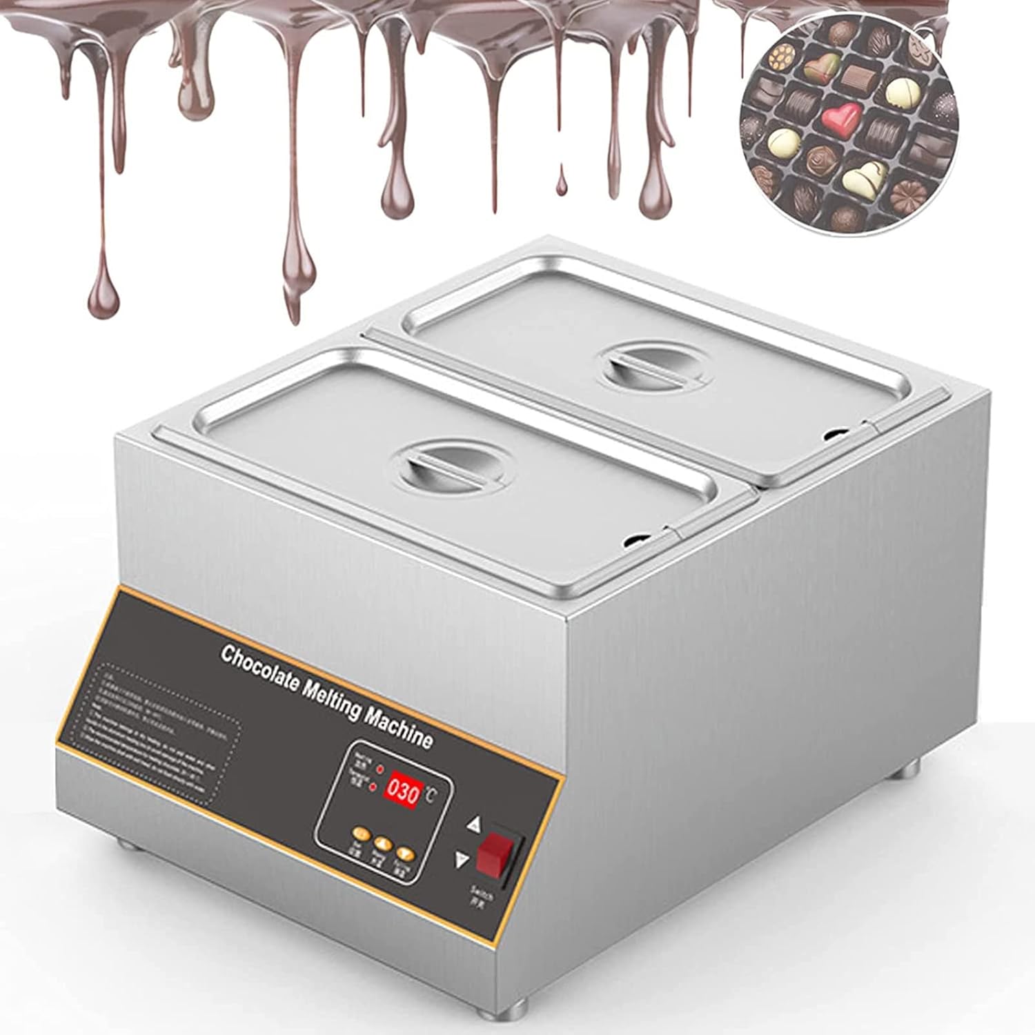 Professional Chocolate Melting Pot,500W Digital Control Electric Chocolate Melter Fondue,20 Lbs Chocolate Tempering Machine,Stainless Steel,Dry Burning,Commercial Warmer,2-,